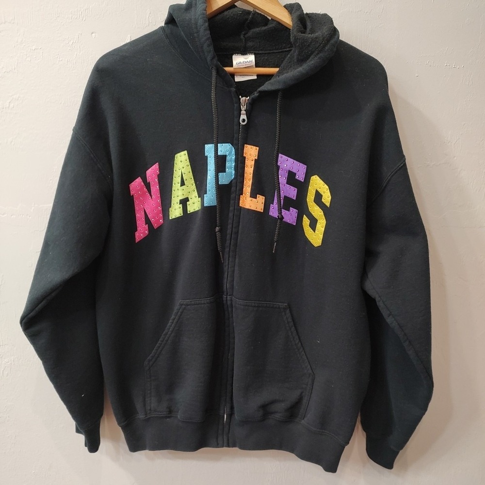 Vtg Y2K Gildan Naples Embellished Zip Up Hood Sz Large Black‎ Colored Letters